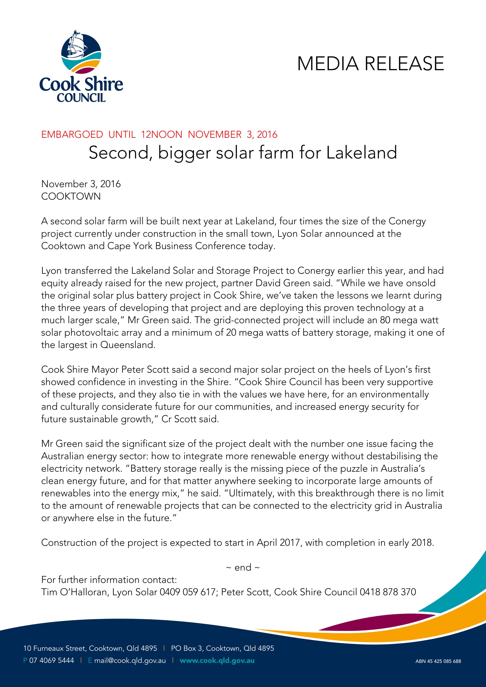 Media Release - Lyon announces second solar plus battery project at Lakeland