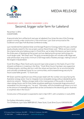 Media Release - Lyon announces second solar plus battery project at Lakeland