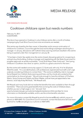 Cooktown childcare open but needs numbers
