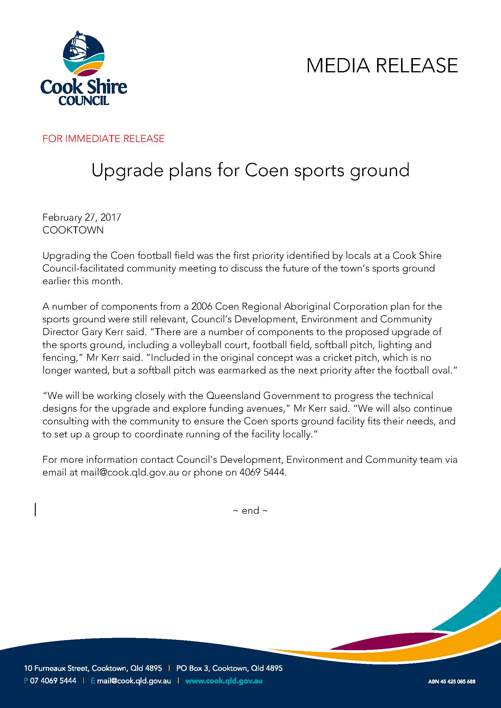 Upgrade plans for Coen sports ground