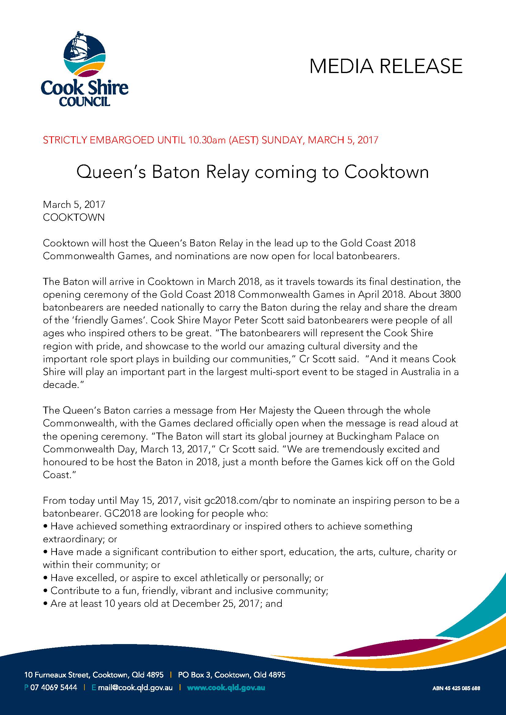 Queen's Baton Relay coming to Cooktown