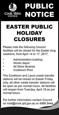 Cape York News April 5 and 12 2017 easter public holiday hours.jpg