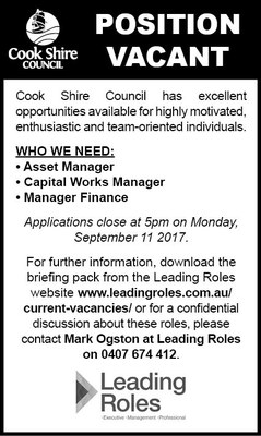Cape York News August 30 2017 position vacant asset manager, capital works manager, finance manager.jpg
