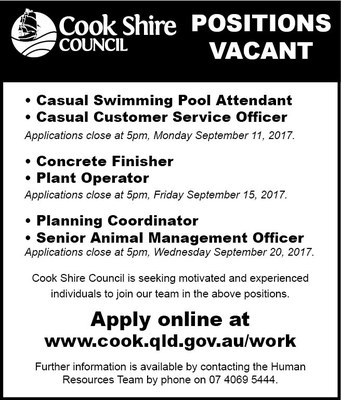Cape York News August 30 2017 position vacant concreter, pool attendant, customer service, backhoe, planning coordinator, animal control, executive admin.jpg