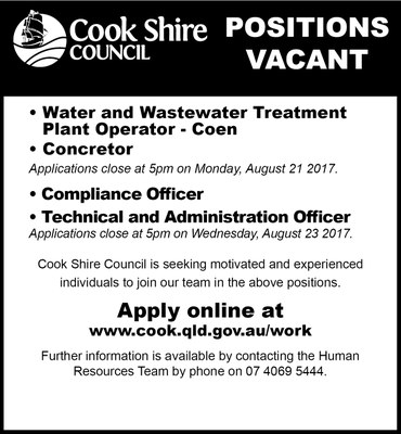 Cape York News August 9 2017 position vacant Coen water operator, concretor, compliance officer and technical administration officer.jpg