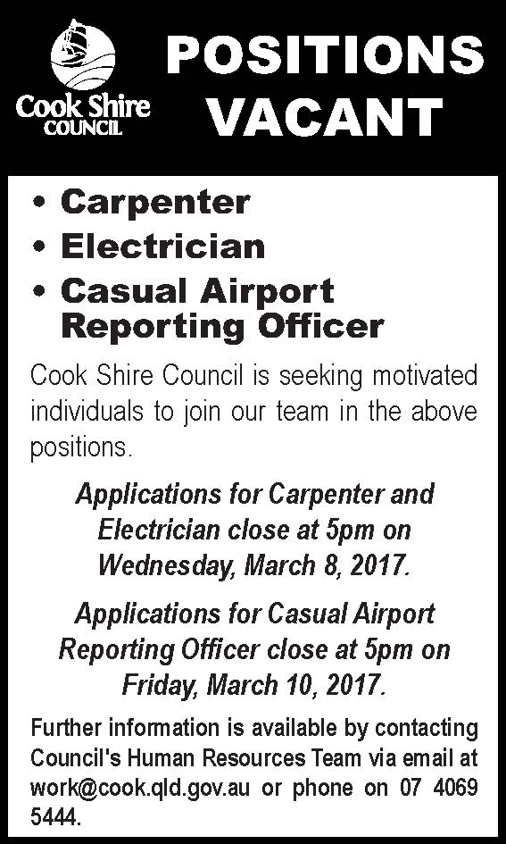 Position vacant carpenter, electrician, casual airport reporting officer