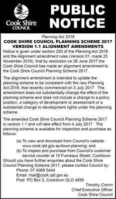 Cape York News July 12 2017 Cook Shire Planning Scheme 2017 version 1.1 alignment amendments.jpg