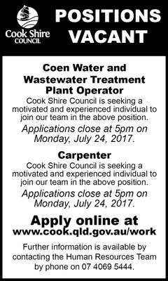 Cape York News July 12 and 19 2017 position vacant water and wastewater operator and carpenter.jpg