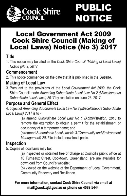 Cape York News July 19 2017 Amendment Local Law No 3 public notice.jpg