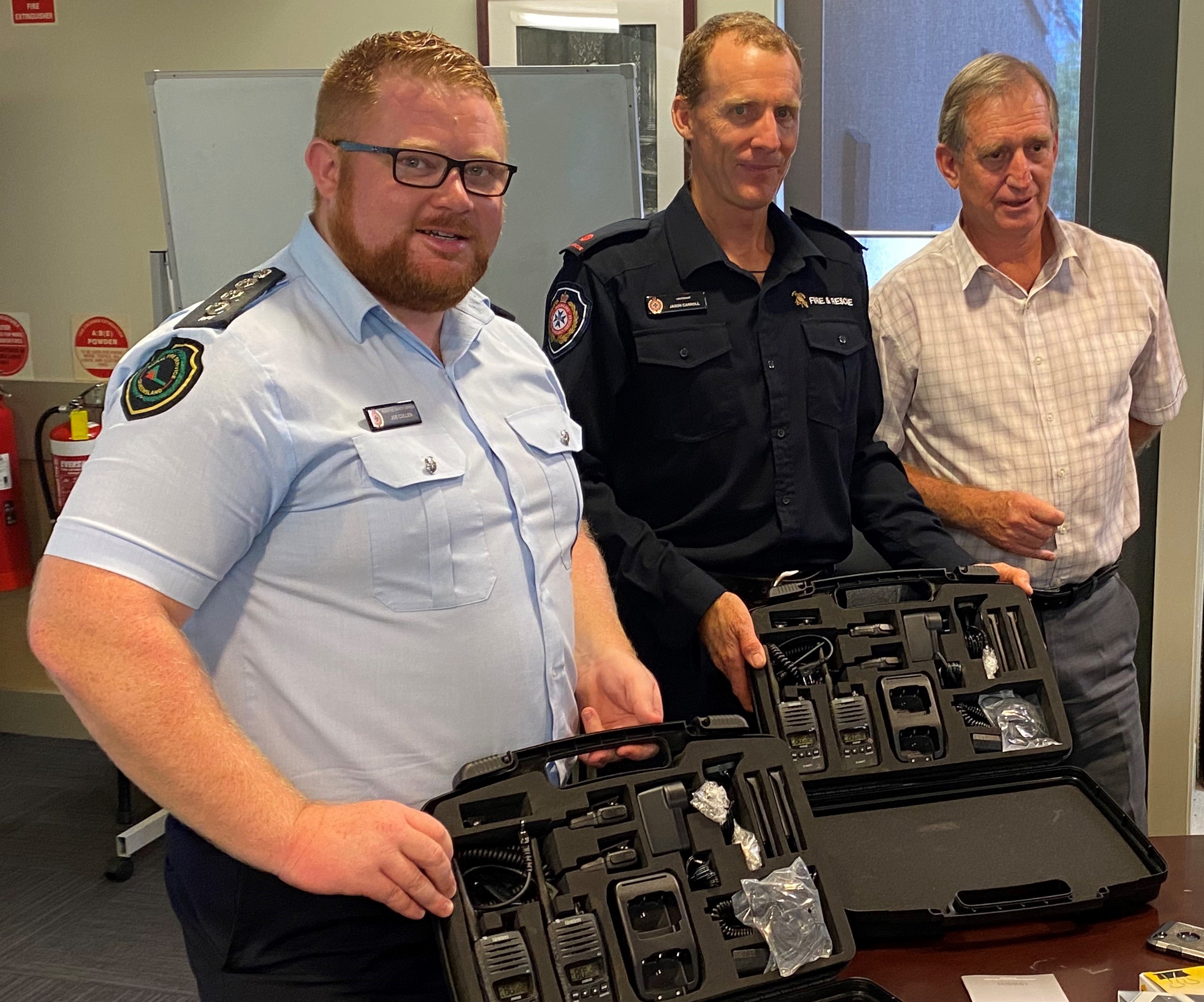 The radios were presented by Cr Scott at a recent meeting of the LDMG to Joe Cullen, Acting Inspector, Area Director of Cairns Peninsular Area Rural Fire Service, and Jason Carroll Captain of the Cooktown Auxiliary Fire Brigade. 