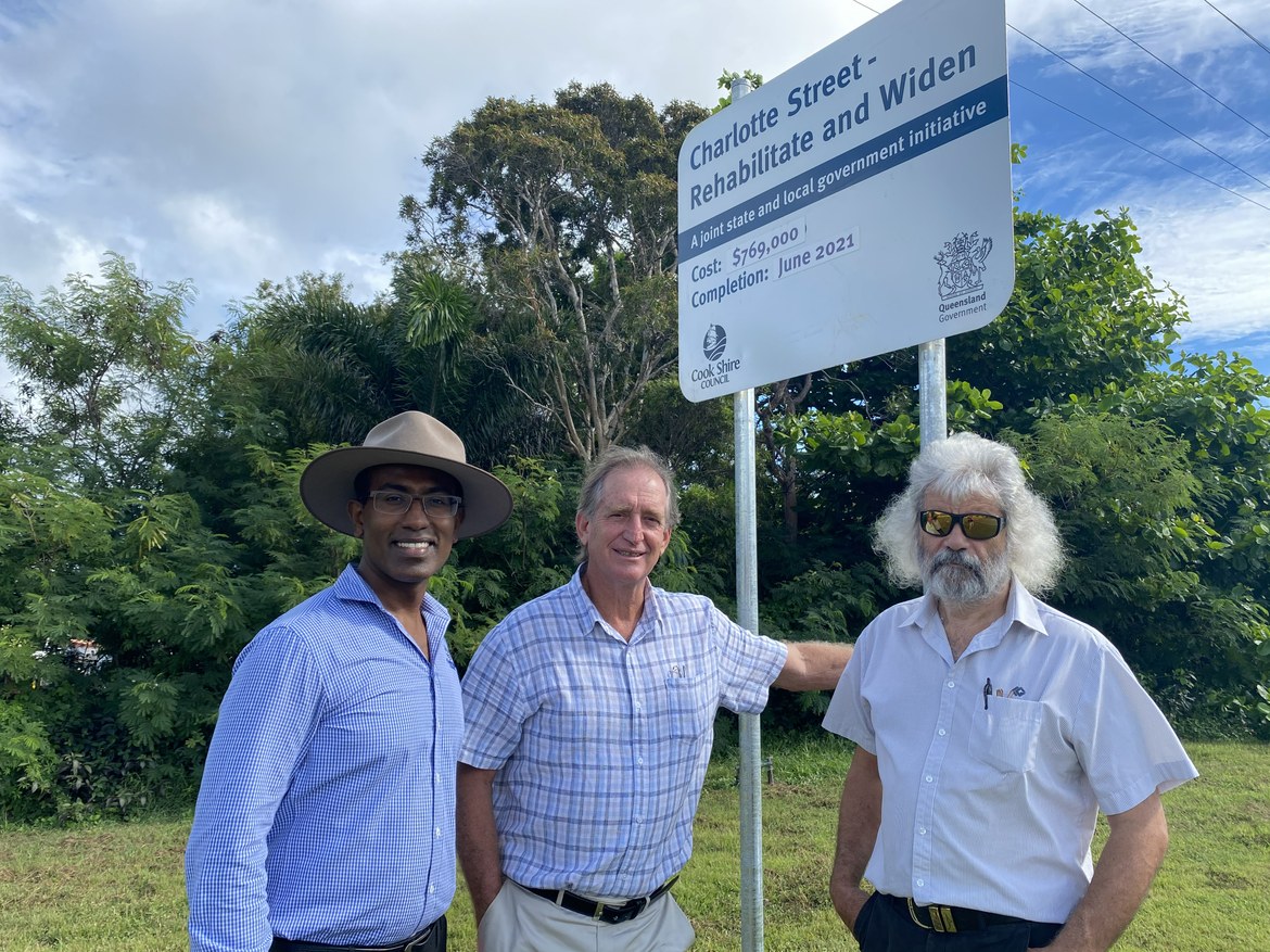 Project Engineer, Manohar Rajashekhar, Cook Shire Mayor Peter Scott, and Director of Infrastructure, David Klye meet onsite to discuss the commencement of the revitalisation of Charlotte Street in Cooktown. 