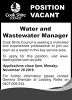 Position Vacant Water and Wastewater Manager