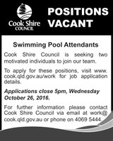 Positions Vacant Swimming Pool Attendants
