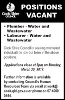 Positions vacant plumber and labourer - water and wastewater
