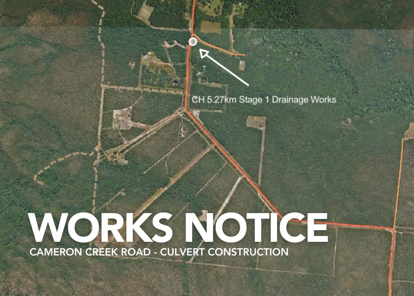 Map of the area with word Works Notice in white at the bottom of the image