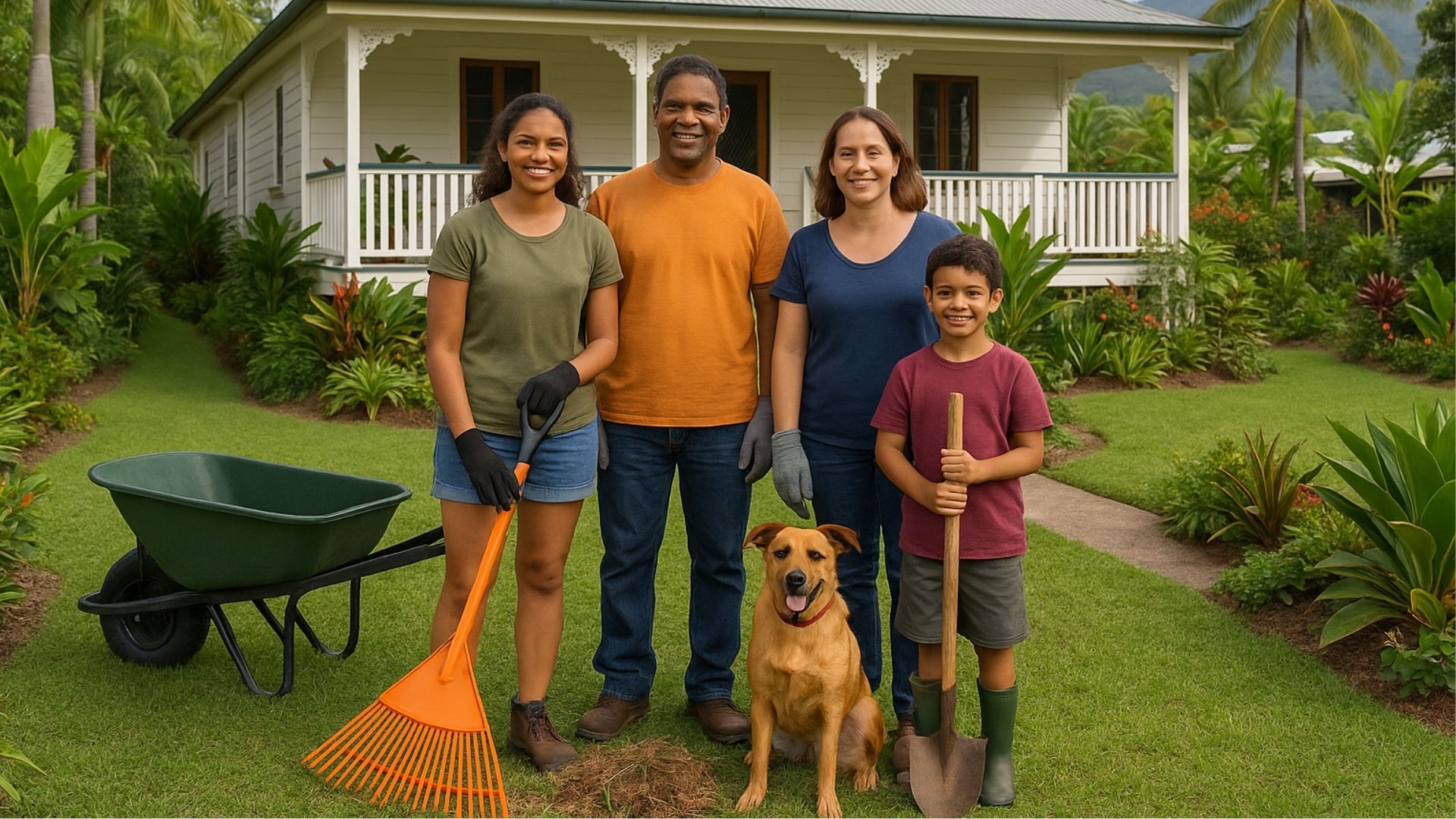 AI generated image of family outside a Queenslander style house, holding gardening tools as if they've been cleaning up their yard