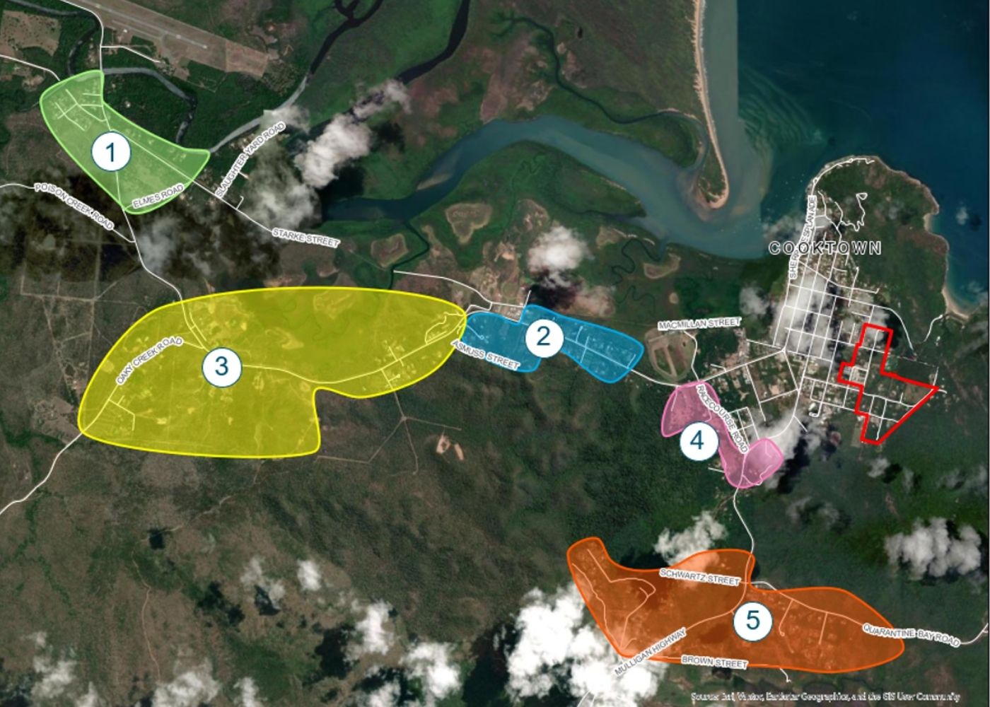 Aerial map of Cooktown and surrounding areas showing five potential future urban expansion areas numbered 1 to 5. Area 1 is north-west of Cooktown near Endeavour Valley Road, areas 2 and 3 are west of Cooktown, area 4 is south-west of town near Racecourse Road, and area 5 is further south near the Mulligan Highway and Quarantine Bay Road. The current Cooktown Residential Masterplan priority area is outlined in red on the eastern side of Cooktown.