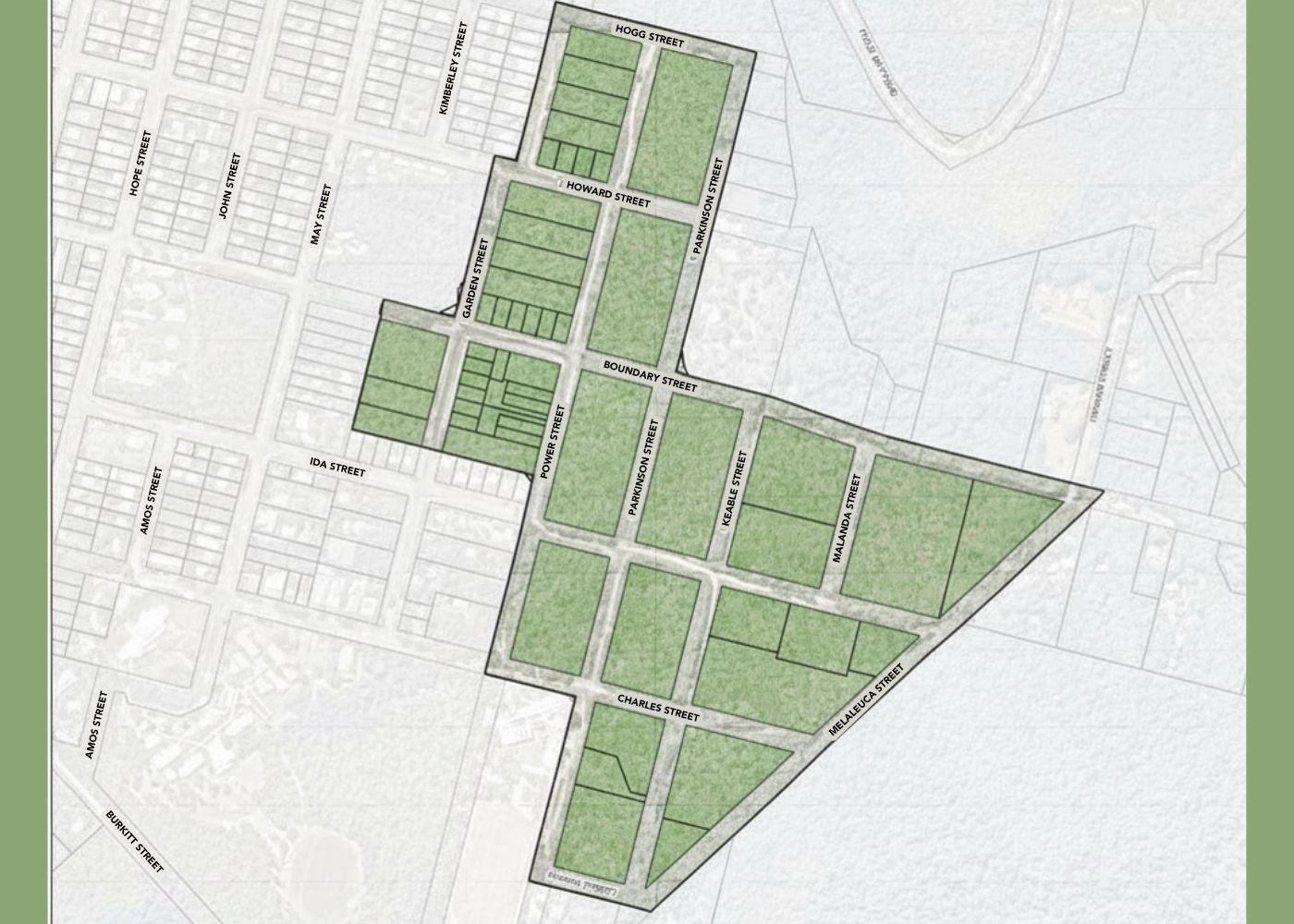 Map showing the identified priority area for the Cooktown Residential Masterplan, extending from Hogg Street in the north to Melaleuca Street in the south-east and including land around Garden, Howard, Boundary, Power and Charles streets.